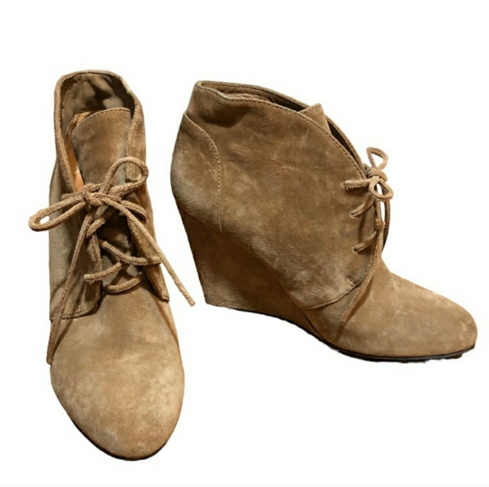 VIA SPIGA Tan Suede Lace Up Wedge Booties Size 8.5 Genuine suede